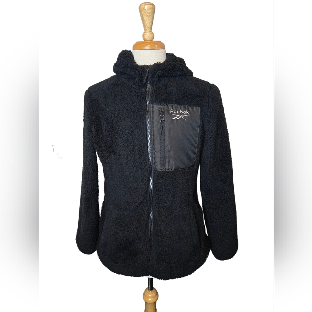 Reebok Sherpa Fleece Hoodie Jacket Black Zip Up Cozy‎ Athleisure L Post Workout